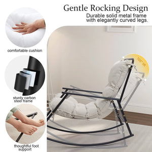 COMAX Rocking Chair-beige boasts a robust solid metal frame w/curved legs, a cozy cushion, a durable carbon steel structure, and considerate foot support.