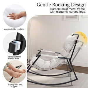 COMAX Beige Rocking Chair Cotton-linen fabric boasts a robust solid metal frame w/curved legs, a cozy cushion, a durable carbon steel structure, and considerate foot support.