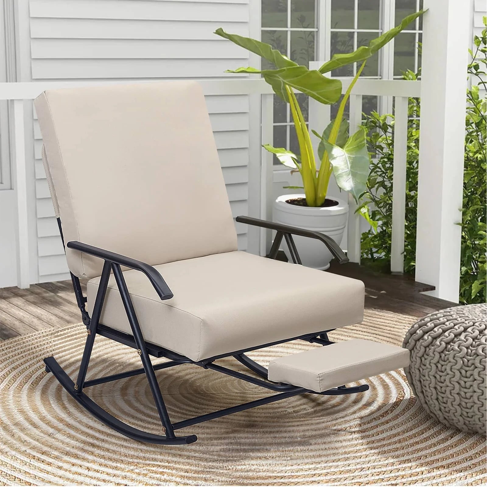 Patio Rocker Chair Metal with Footrest & Padded Seat