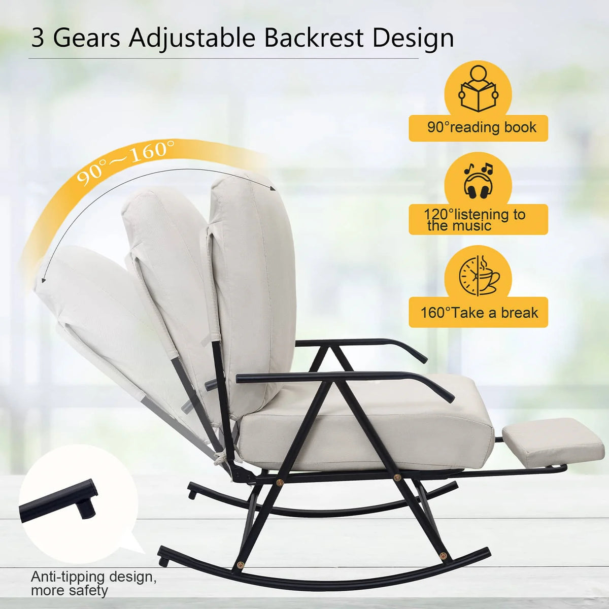 COMAX Beige Glider Rocking Chair-Cotton and Linen Fabrics Adjustable Angle