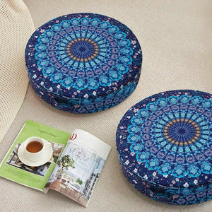 Two boho round dining cushions placed on the ground