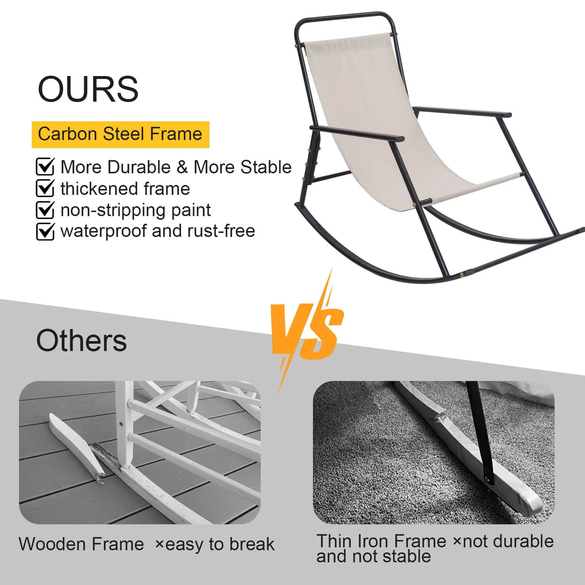COMAX Rocking Chair-beige carbon steel frames are more durable and stable, with thickened, non-flaking paint for waterproof, rust-proof performance