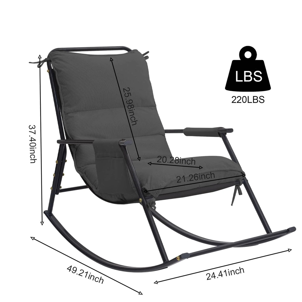 The COAMX Rocking Chair measures 37.40"H x 25.98"W x 24.41"D and can support a maximum weight of 220 lbs.