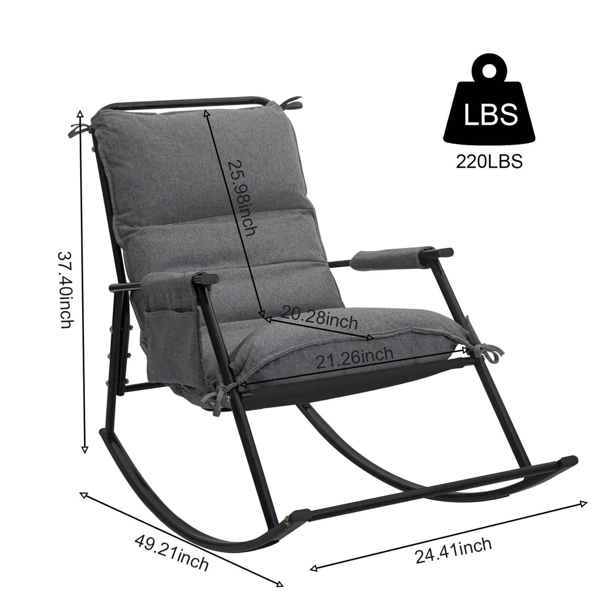 COMAX Rocking Chair Cotton-linen fabric measures 37.40"H x 25.98"W x 24.41"D and can support a maximum weight of 220 lbs.