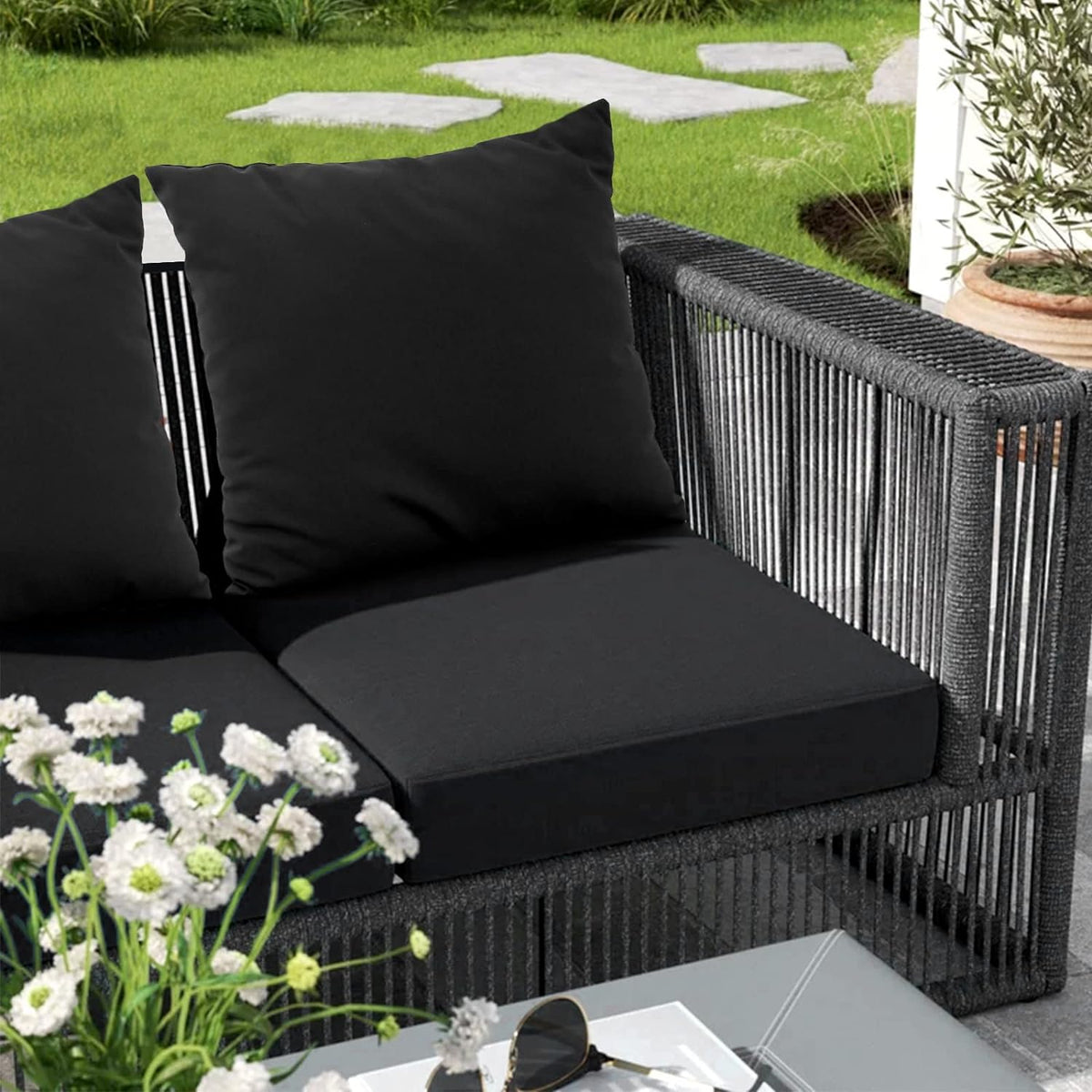 Hampton Bay Replacement Cushions for Sofa Couch Chair, Water-Resistant Canvas; Natural; Black